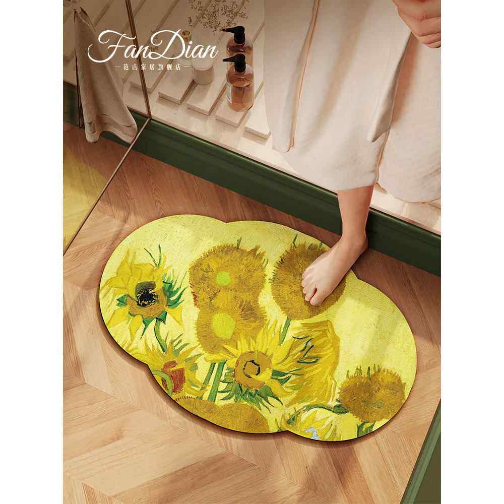 美式向日葵油画浴室地垫硅藻泥吸水垫卫生间防滑脚垫卫浴黄色地毯