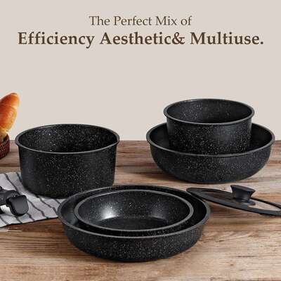 亚马逊沃尔玛可拆卸把手锅具厨具套装15PCS麦饭石不粘炒菜平底锅