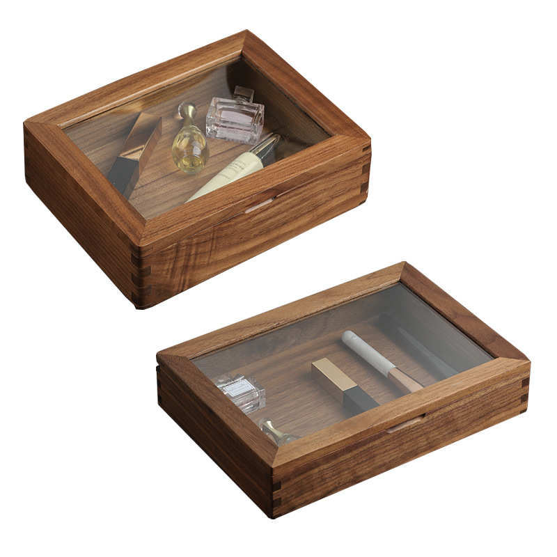 黑胡桃木防尘桌面收纳盒翻盖亚克力透明珠宝饰品展示盒榫卯首饰盒