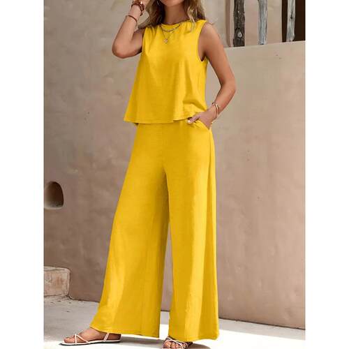 Two piece round neck vest and wide leg pants set