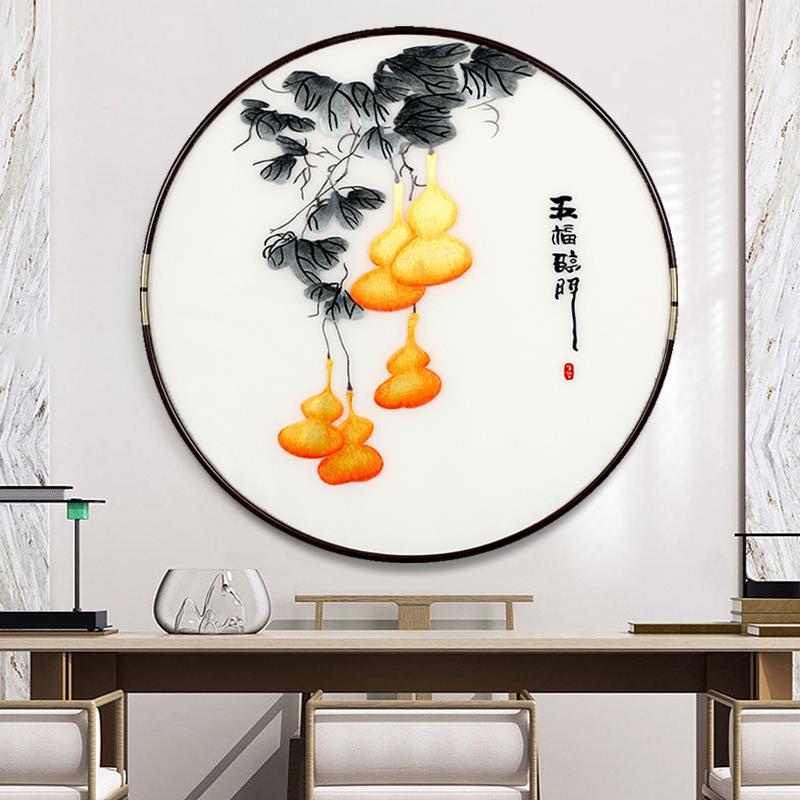 新中式刺绣圆形装饰画入户玄关走廊过道高档大气餐厅客厅背景壁画图片