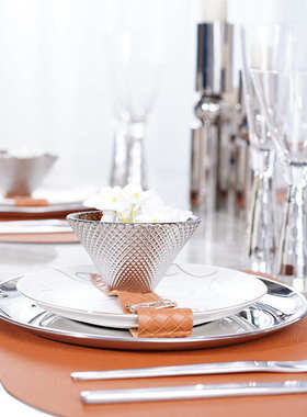 北欧样板房间西餐具套装样品房餐桌摆台橙色餐盘餐垫刀叉软装饰品