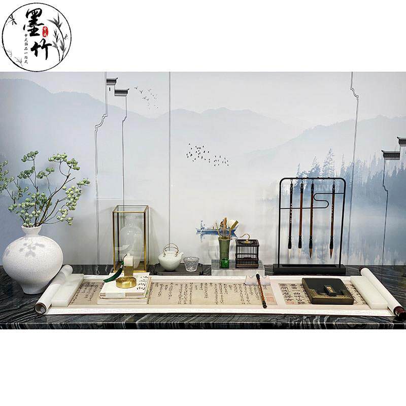 新中式书桌搭配组合摆件样板房书房笔架茶具砚台毛笔画轴装饰品