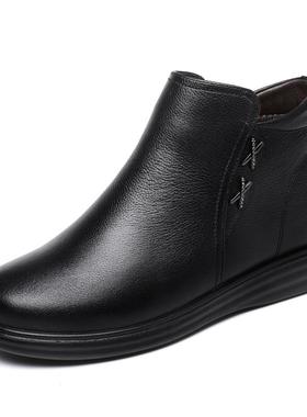 妈真软底妈鞋平棉鞋冬皮季加绒加厚保暖短靴中老年大码111007防滑