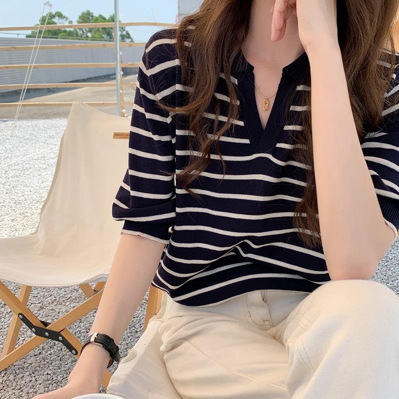 polo领短袖针织衫女2025年夏装薄款气质条纹宽松翻领半袖体恤上衣