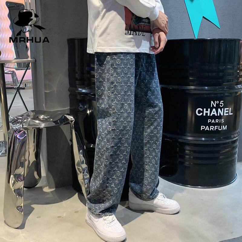 美式高街牛仔长裤男秋冬宽松直筒宽裤潮流百搭ins潮牌印花裤子
