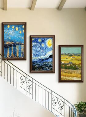大芬油画村装饰画美式楼梯间转角墙面挂画复式别墅走廊过道三联画