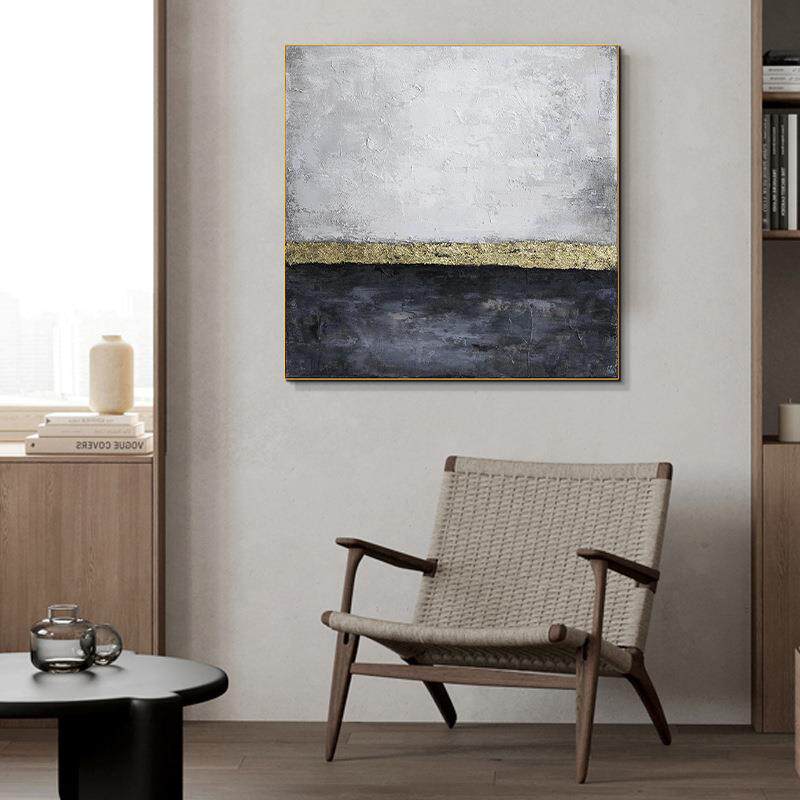 纯手绘油画轻奢金箔客厅装饰画简约抽象玄关壁画蓝色海浪肌理挂画