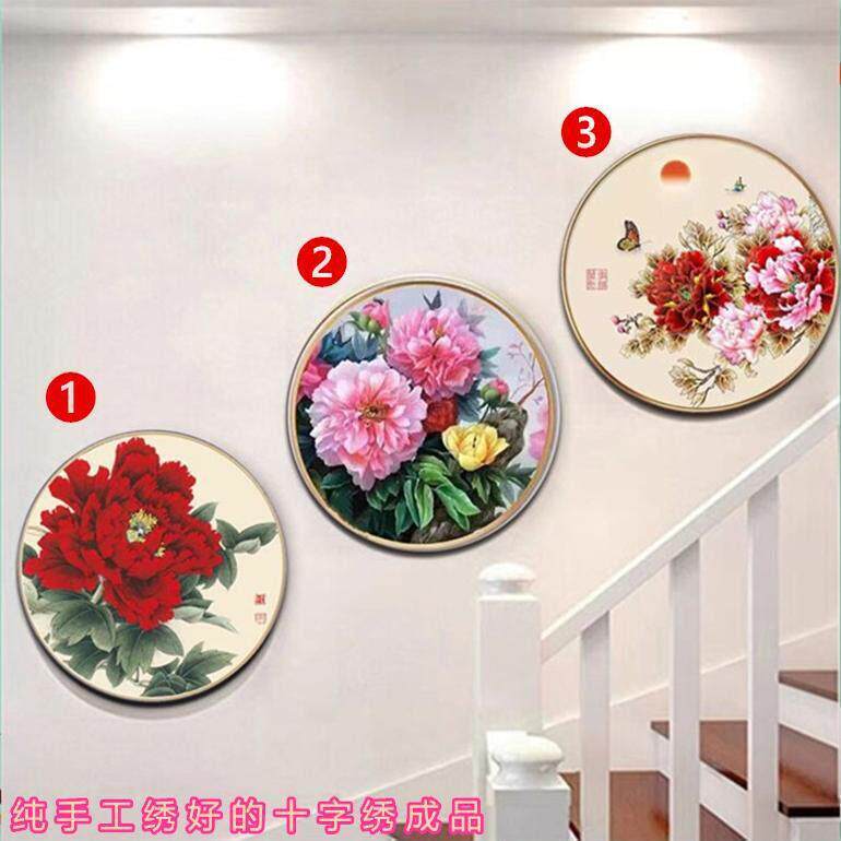 人工十字绣成品纯手工花开富贵牡丹新款客厅玄关圆形挂画带框装裱