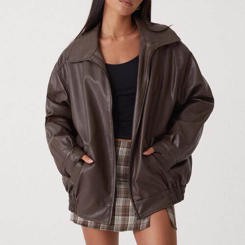 Casly Lamiit Women's Faux Leather Bomber Jacket - Top