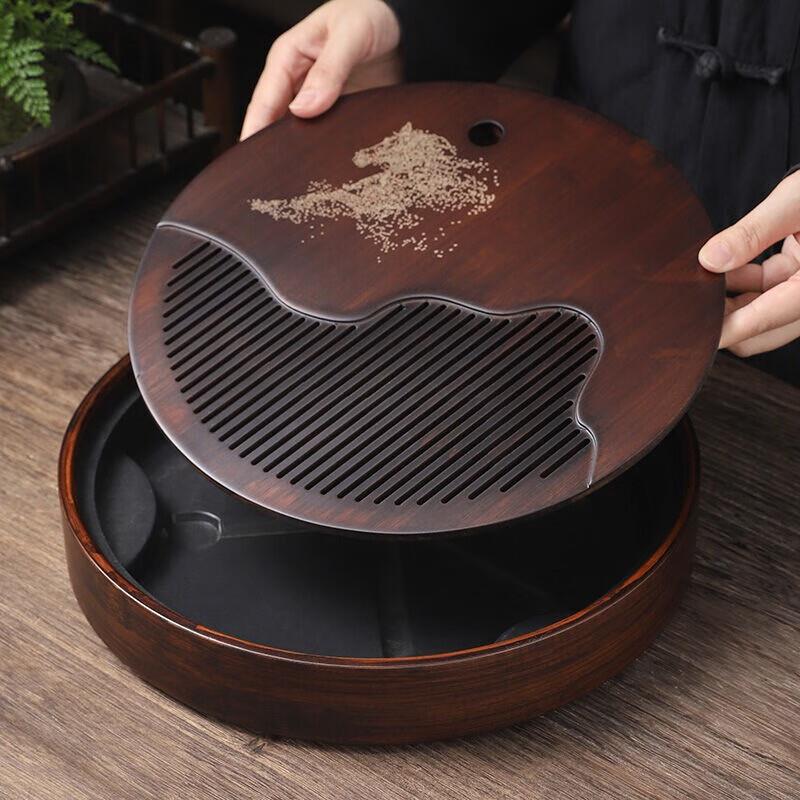 精致简约茶盘家用小型简易排储水式竹制茶座圆形茶托茶台茶具托盘