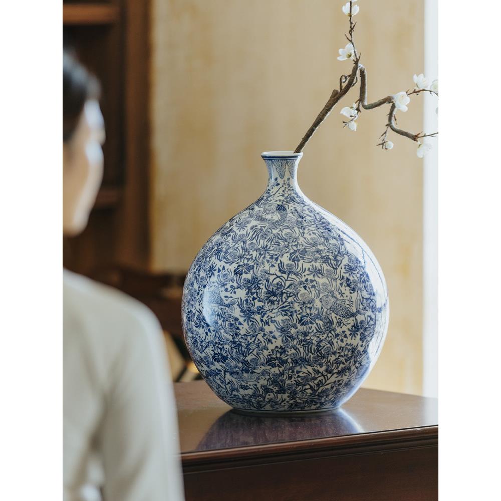 海洋美术馆·鱼迹泉青花瓷石榴瓶大肚陶瓷书房东方覆古入口摆件