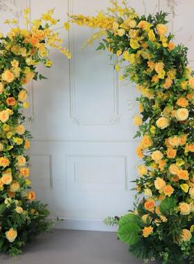 爆款黄绿色牛角拱门婚礼婚庆背景布置假花仿真花装饰