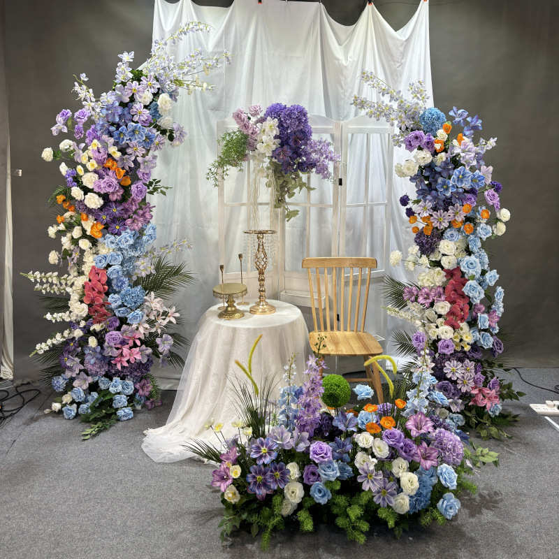 婚礼堂紫色成品莫奈牛角拱门多巴胺仿真花条舞台造景橱窗美陈花艺