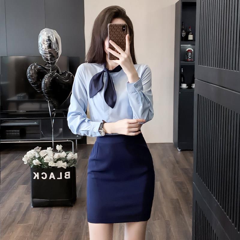 蓝色衬衫春装女2026年新款衬衣南航空姐制服前台接待职业套装工装