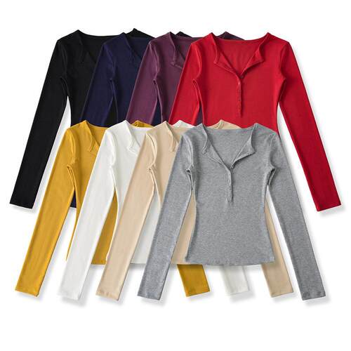 V-neck half open neck long sleeved T-shirt base top for