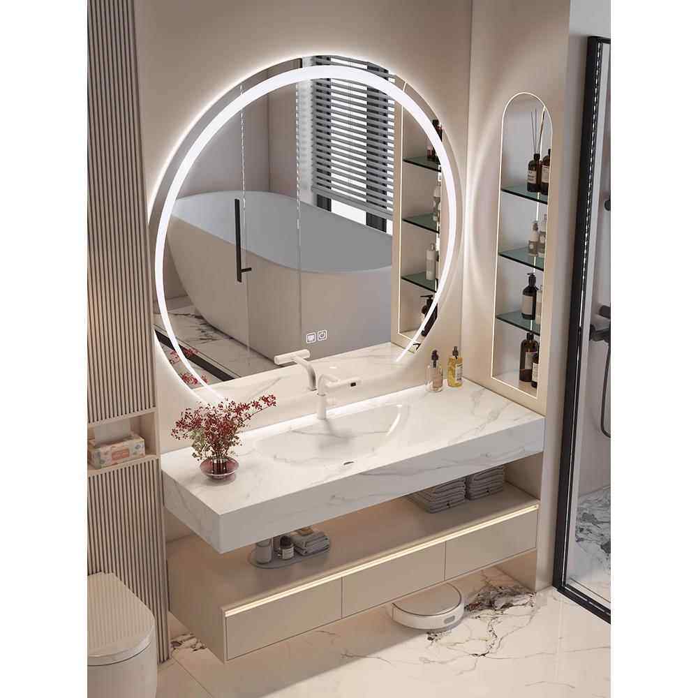 卫生间奶油风浴室柜组合岩板陶瓷热弯一体洗手脸台盆厕所洗漱定制