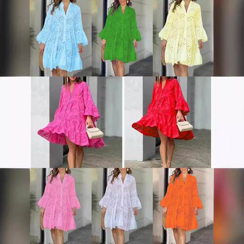 Eyelet Embroidery Notched Neck Smock Dress Elegant Flounce