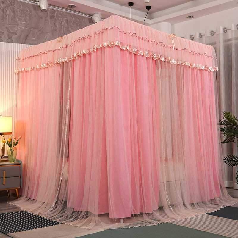 一体式新款床支架纯色帘布幔家用遮光幔床双层风蚊帐全套床帘公主