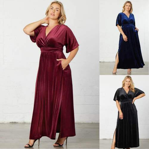 Women's short sleeved velvet dress, long skirt