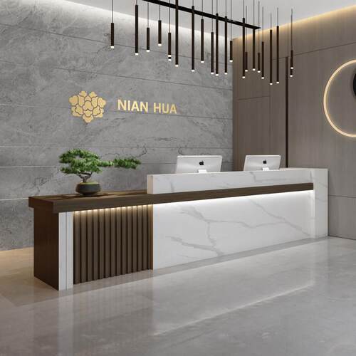 现代中式前台桌原木色收银台公司酒店大厅接待台吧台培训机构柜台
