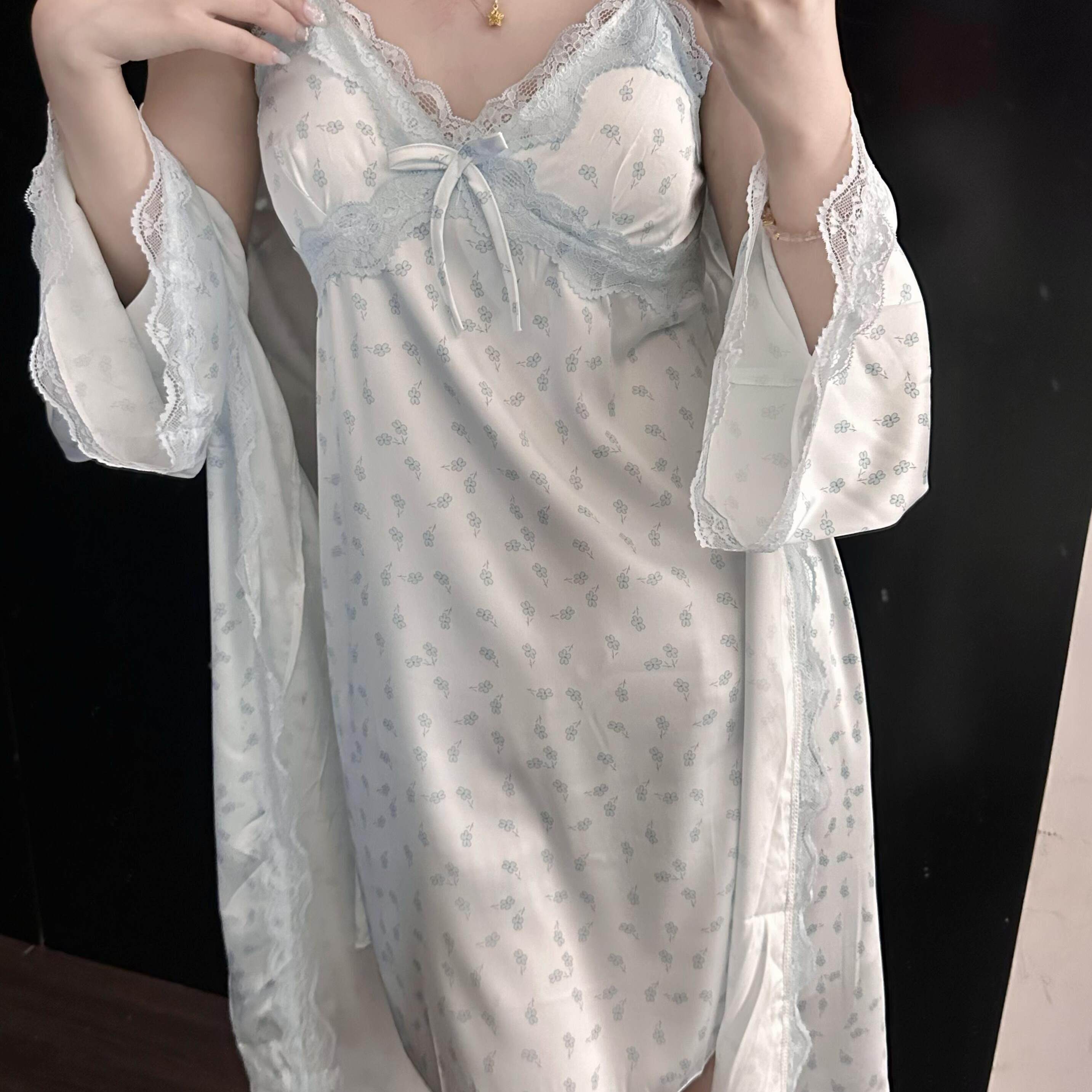 纯欲碎花蕾丝边带胸垫吊带睡裙女夏季大码凉感冰丝睡袍家居服套装