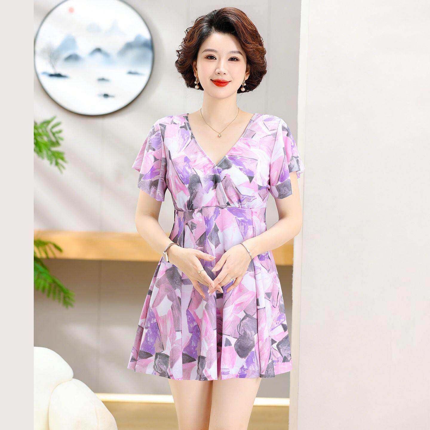 妈妈泳衣女士保守遮肚显瘦中老年连体平角大码中高腰泡温泉游泳衣