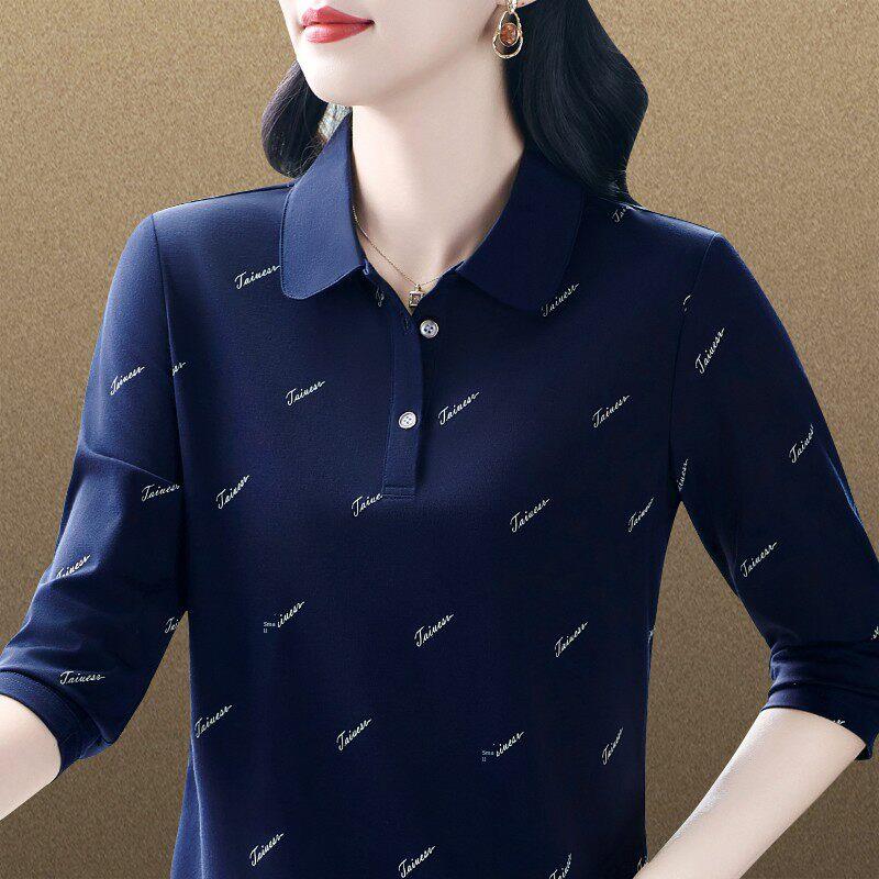 2025春秋新款中年妈妈气质减龄外穿上衣时尚休闲印花polo衫长袖女