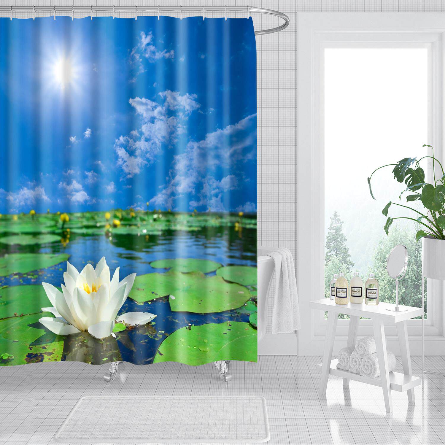 莲花浴帘淋浴卫生间窗帘防水布优质涤纶套装免打孔中国风隔断帘子