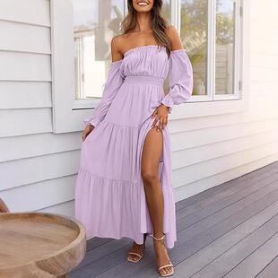 Women 2026 Boho Off Shoulder Sleeve Smocked Side Split Flowy
