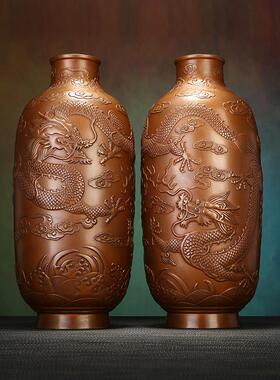 铜欣祥 紫铜双龙花瓶 家居办公室桌面装饰大花瓶铜工艺品摆设
