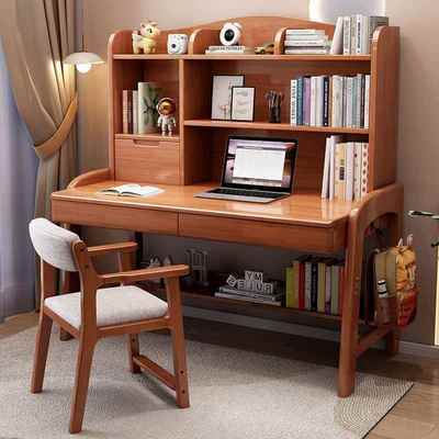 实木书桌可升降中小学生写字课桌椅套装卧室简易带书架儿童学习桌