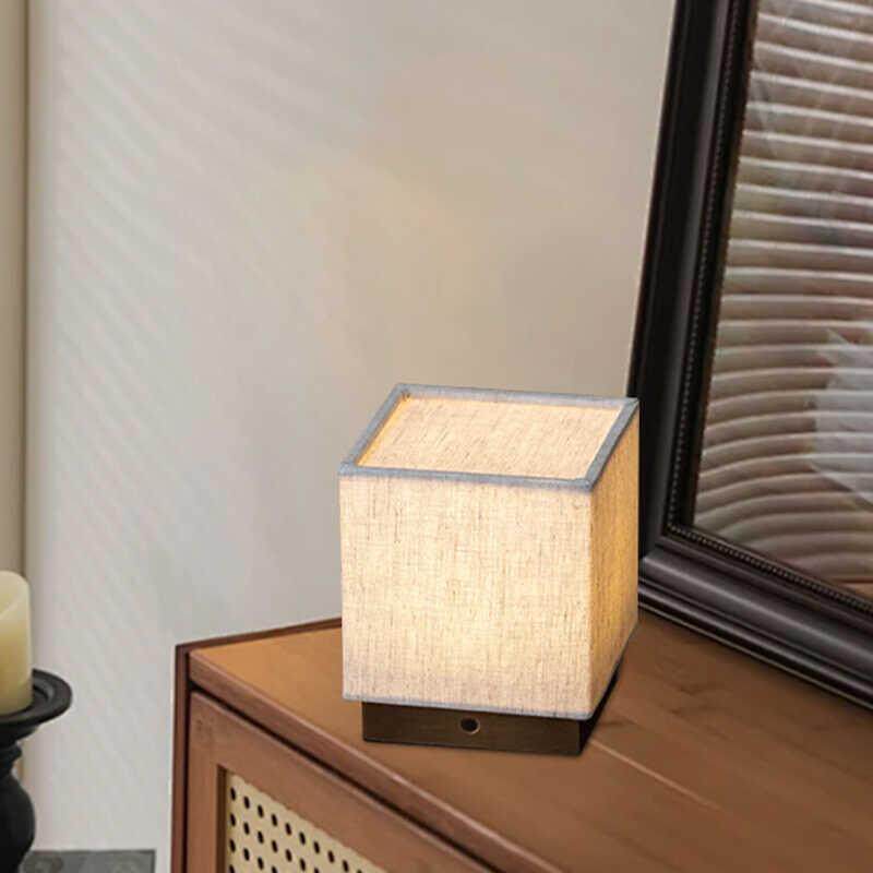 日式充电免接线小台灯方形麻布简约卧室床头书房酒吧装饰新中式灯