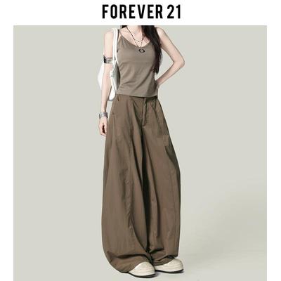 Forever 21夏日松弛感卡其阔腿休闲裤女美式高腰宽松速干空调裤子