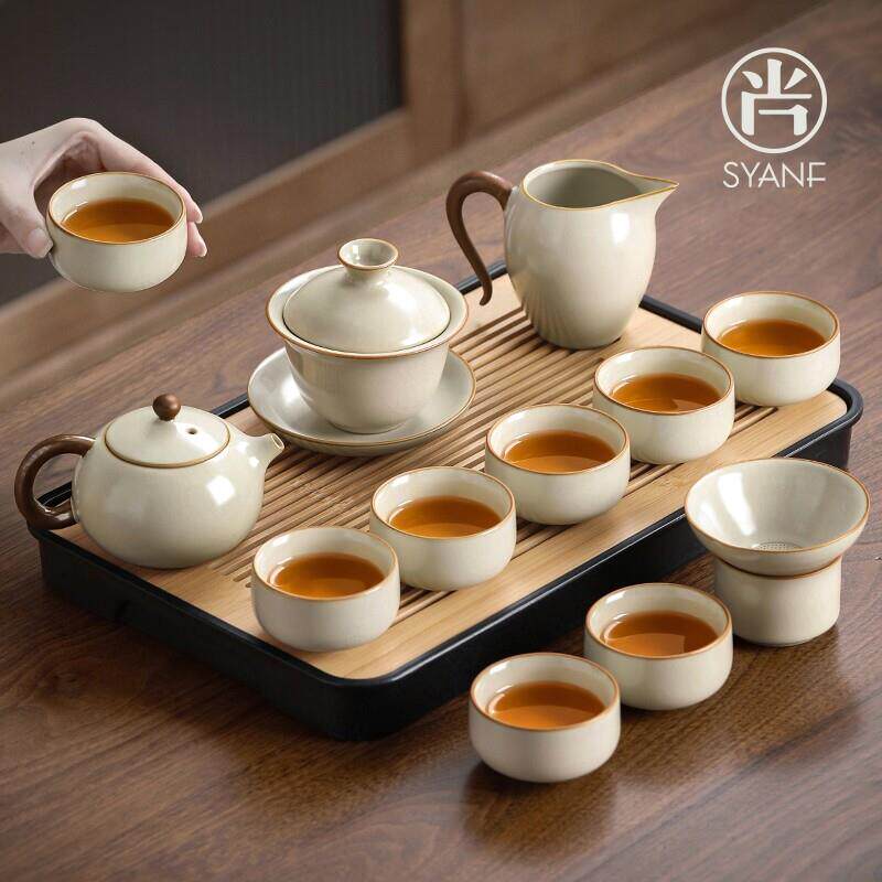 汝窑功夫茶具套组2024新款喝茶家用泡茶陶瓷盖碗茶壶茶杯子套装