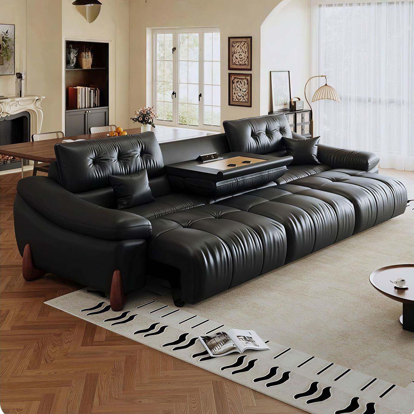 意式复古黑色电动头层真皮沙发客厅中古风伸缩功能两用直排沙发床