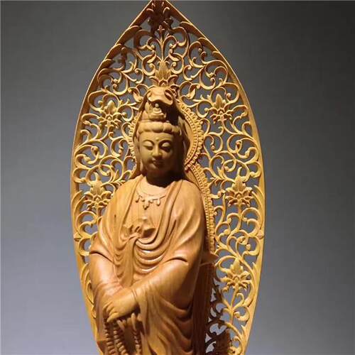 正品黄杨崖柏木立精雕莲花音工居艺品观摆件书房家办公室佛像摆件