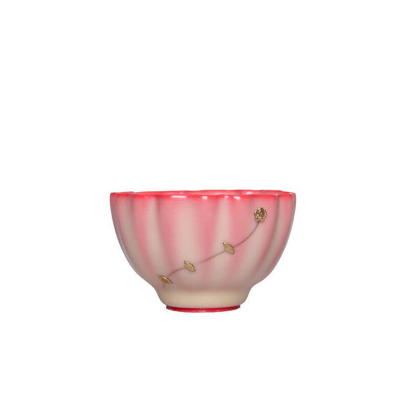 青瓷猪油冻锔钉主人杯李辉熠粉红花口杯开片可养复古中式茶杯单盏
