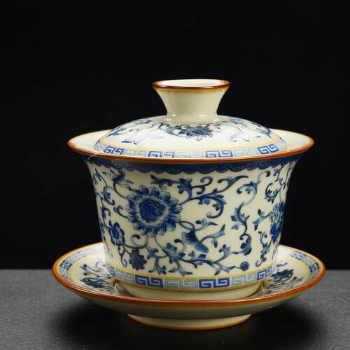 青花米黄汝窑功夫茶具陶瓷三才盖碗套装家用泡茶壶高档茶杯冲茶器