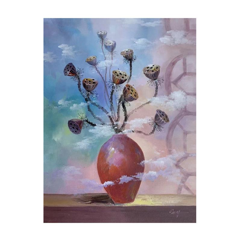 纯手绘莲藕油画莲花卉玄关走廊客厅装饰画睡莲印象挂画肌理画新品