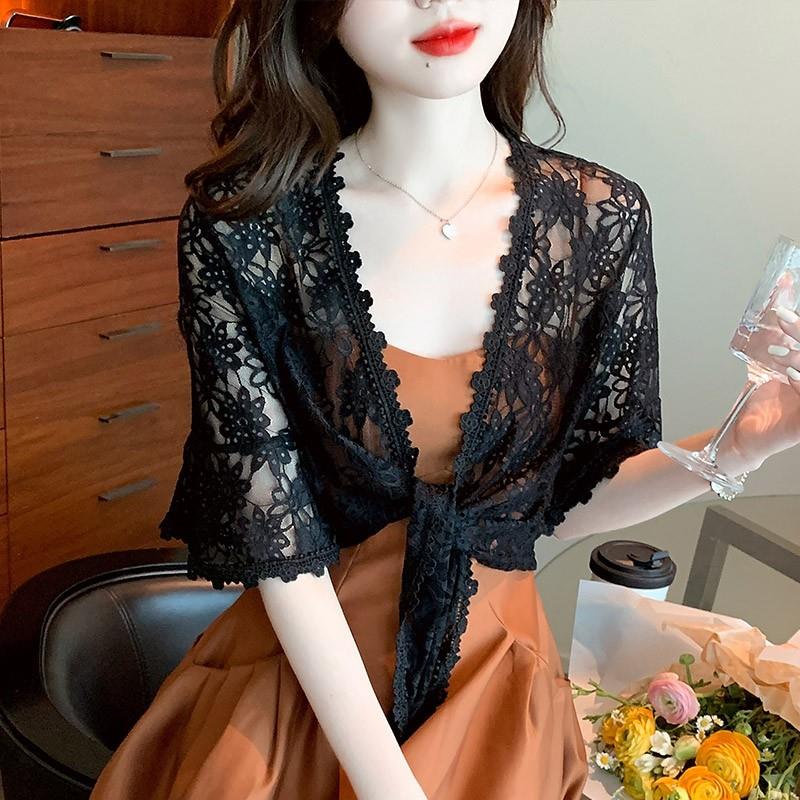 蕾丝小披肩女夏季薄款配裙子吊带外搭洋气短款雪纺坎肩开衫防晒衣