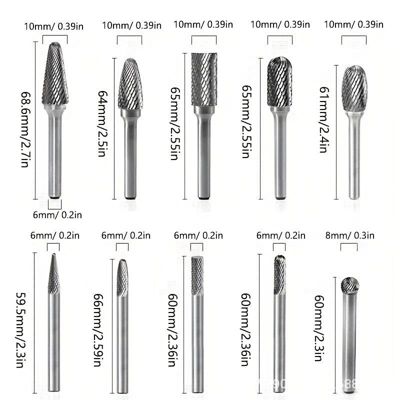 10件/碳化钨毛刺套6mmRCI具柄切削固体电动工双套旋锉钻头