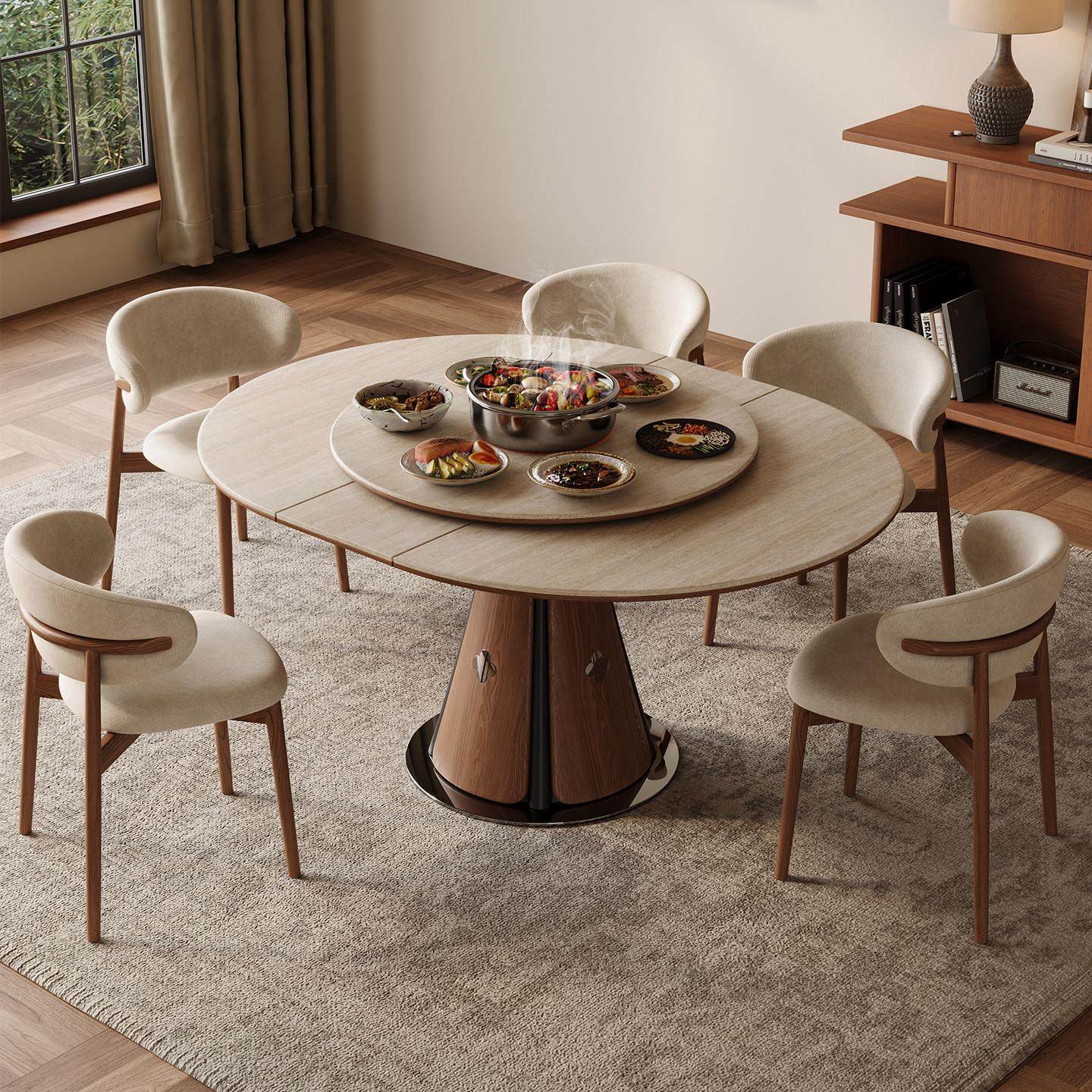 洞石岩板伸缩餐桌带电磁炉火锅圆桌转盘椭圆形拉伸大户型实木饭桌,住宅家具,岩板餐桌,淘宝优惠券,粉丝福利购,淘宝优惠卷