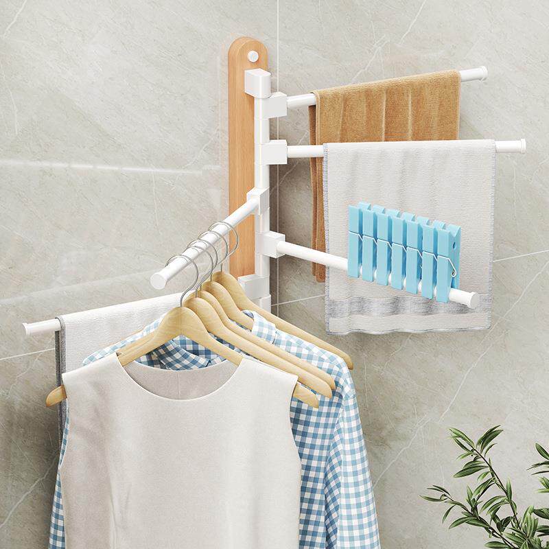 原木风旋转毛巾架卫生间免打孔多杆浴巾收纳挂架壁挂浴室转角挂杆