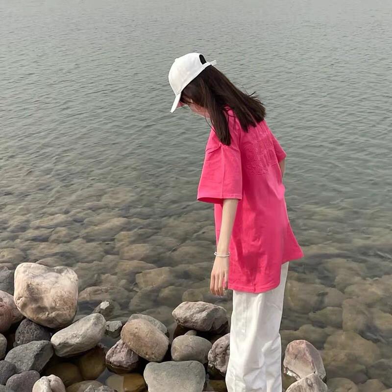 韩国美式街头玫红色短袖t恤女宽松纯棉设计感小众潮oversize上衣