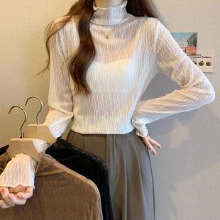 黑色长袖 内搭网纱荷叶边春秋薄款 上衣 女2027新款 半高领蕾丝打底衫