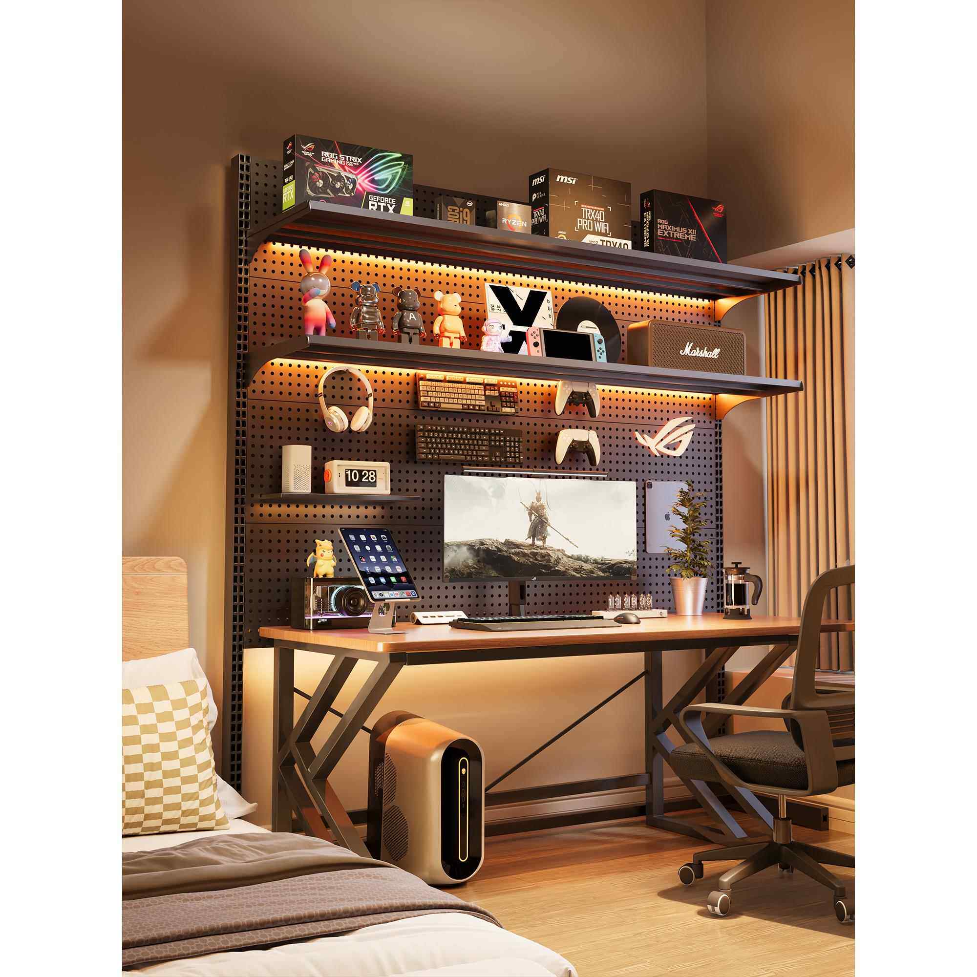 立式洞洞板置物架落地免打孔电竞房间金属收纳架书房电脑桌面改造