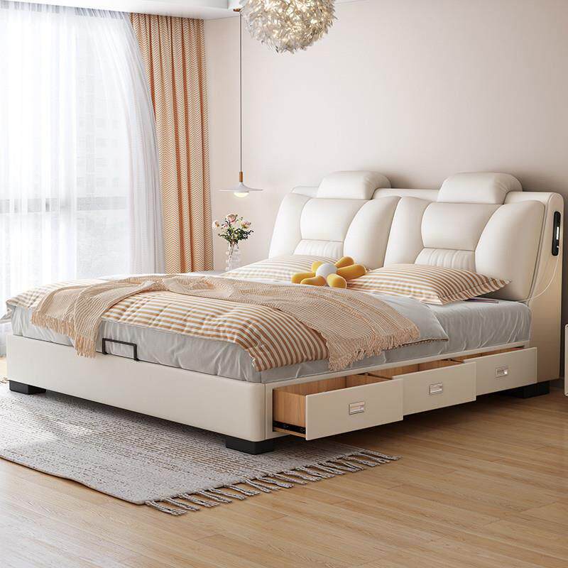 北欧轻奢真皮床现代简约轻奢主卧室大床双人床多功能储物皮艺床实