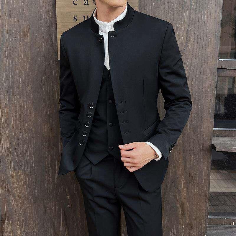 秋冬季新款新中式中山装男西装大尺码修身立领感西服套装新1212n