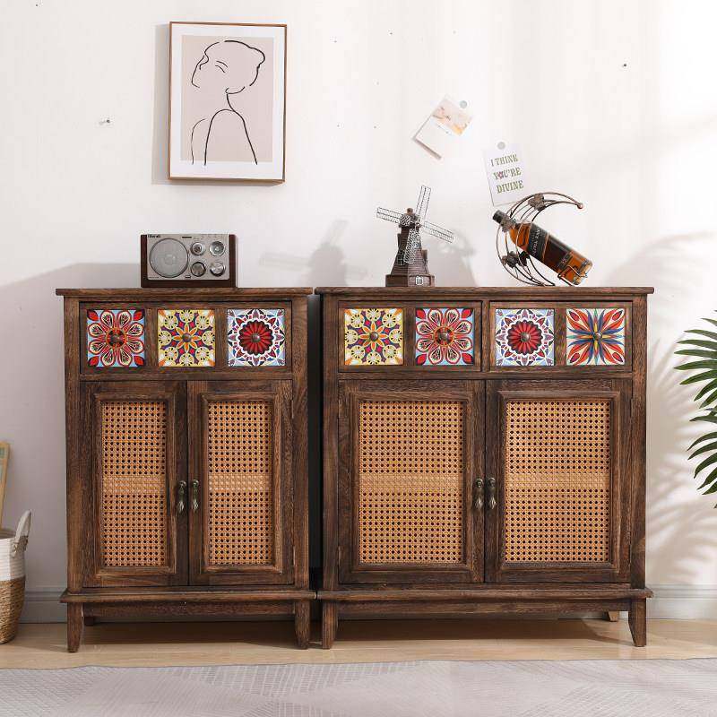 新中式藤编餐柜透气实木边柜覆古备餐柜彩绘玄关收纳柜一体靠墙,住宅家具,餐边柜,淘宝优惠券,粉丝福利购,淘宝优惠卷